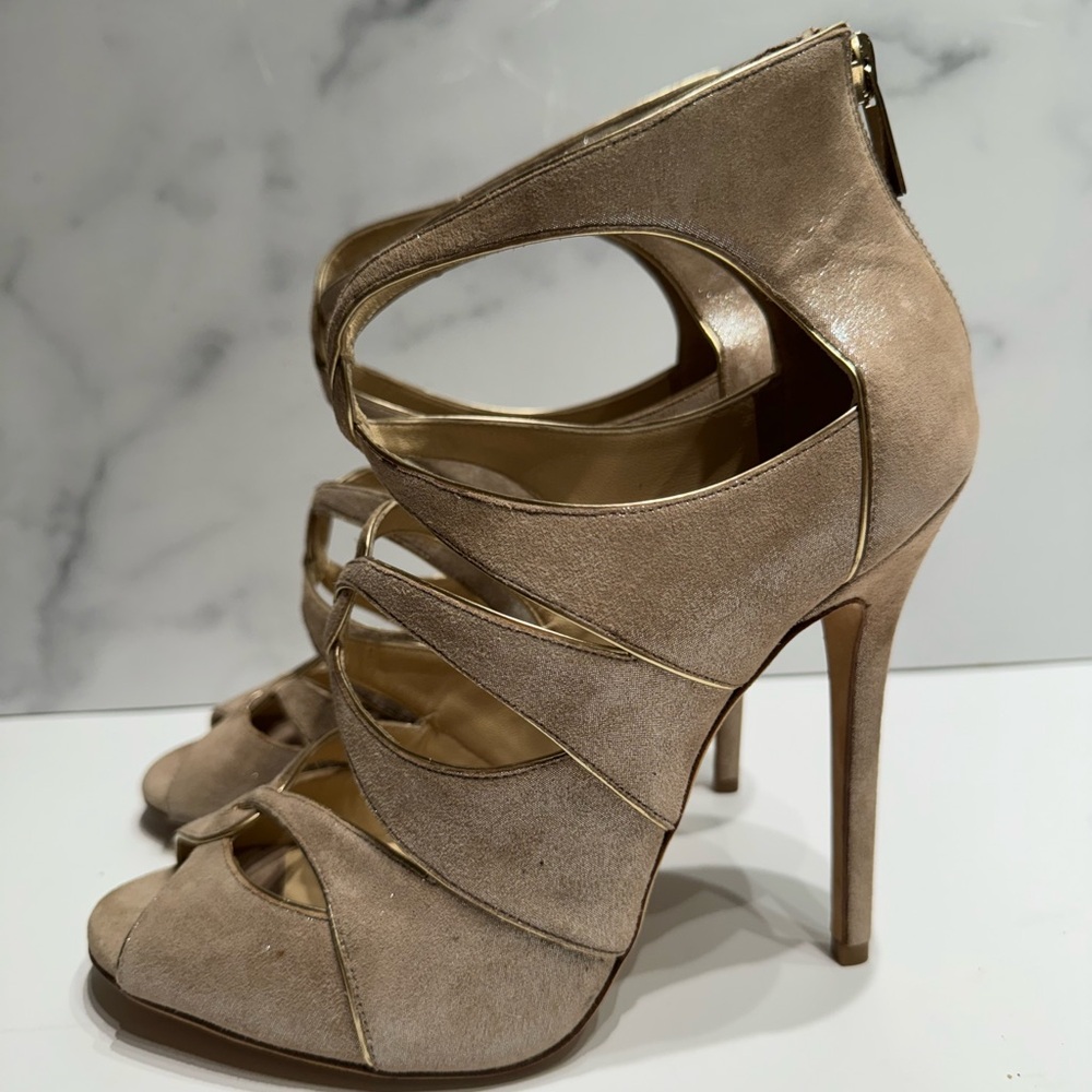 Jimmy Choo Gold Satin Gladiator Sandals Heels Shoes 38.5 8.5